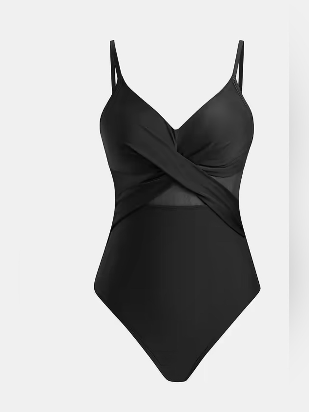 Solid Mesh Wrap Front Cutout Black One Piece Swimsuit